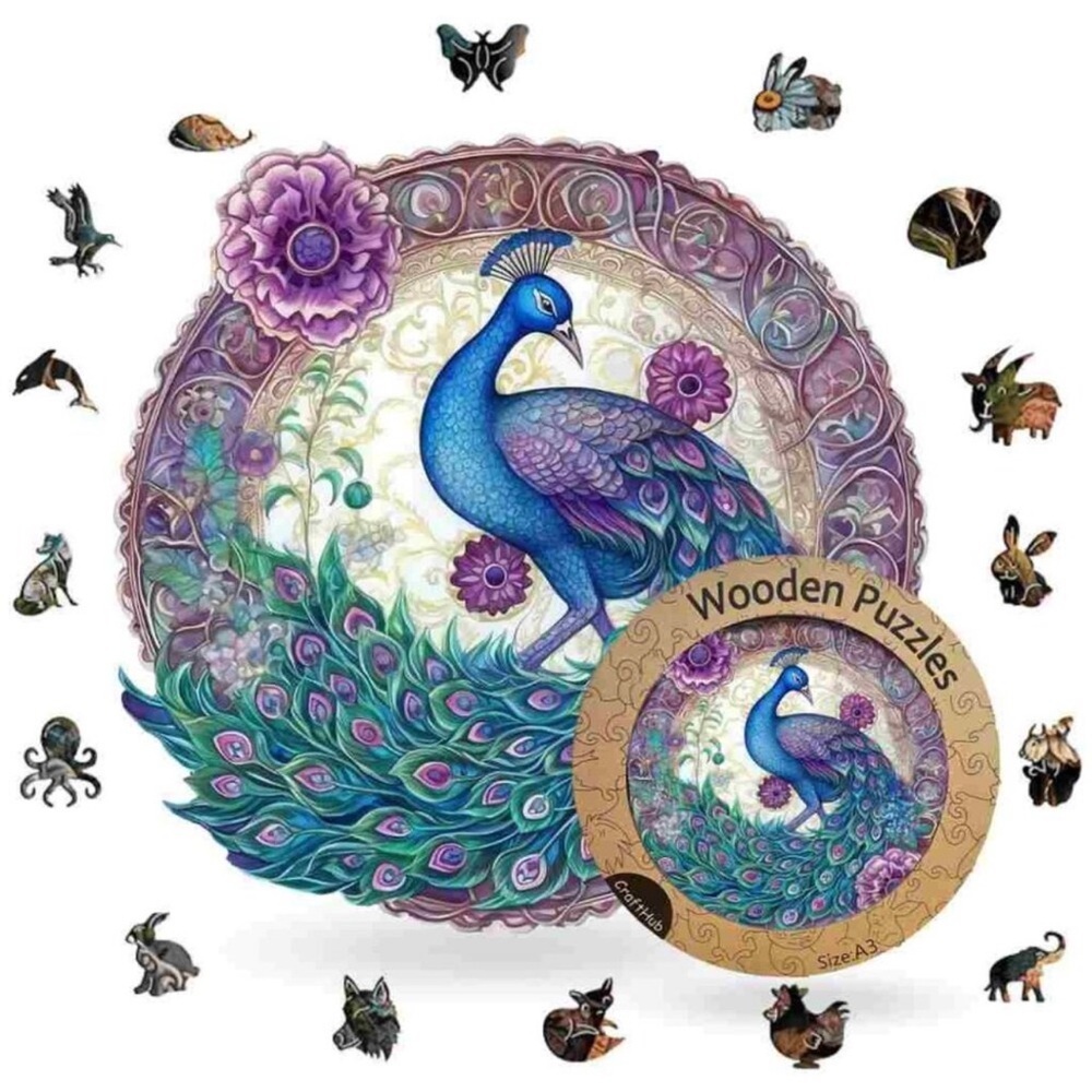 Colorful Peacock wooden jigsaw puzzle A5 SMALL